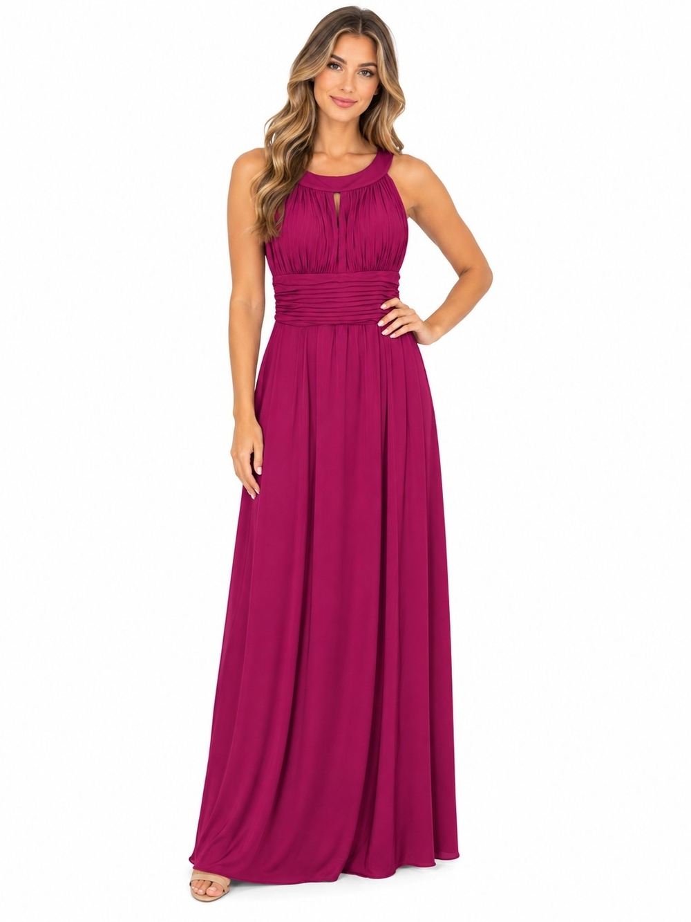 Signature by Sangria Sleeveless Fuchsia Maxi Dress with Gathered Waist